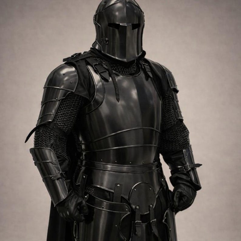May include: A full suit of black medieval armor, including a helmet with a visor, chest plate, shoulder guards, and arm and leg protection. The armor is highly polished, reflecting the light, and includes chainmail elements.