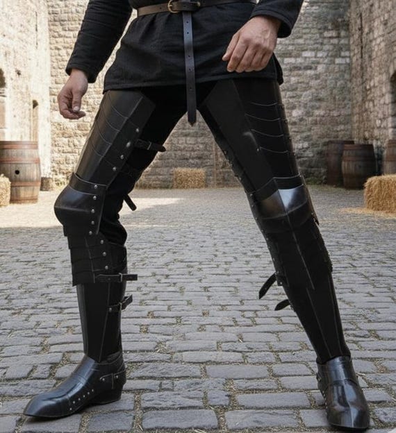 Handmade Black Steel Knight Leg Armor - German Gothic LARP Cosplay