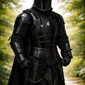 May include: A full suit of black armor, including a helmet, chest plate, and leg guards. The armor is highly polished, reflecting the surrounding forest. The suit includes chainmail and a black cape, creating a formidable medieval aesthetic.