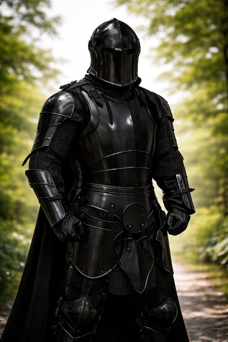 May include: A full suit of black armor, including a helmet, chest plate, and leg guards. The armor is highly polished, reflecting the surrounding forest. The suit includes chainmail and a black cape, creating a formidable medieval aesthetic.