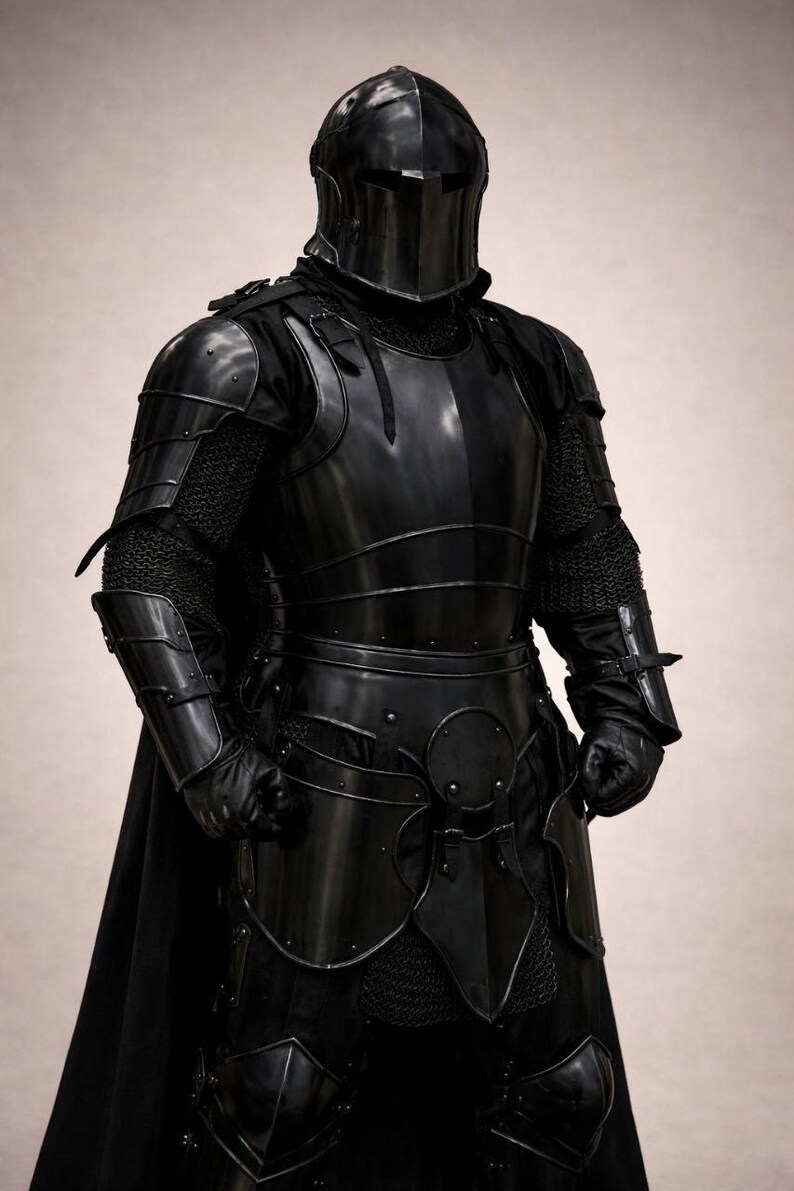May include: A full suit of black armor, including a helmet, chest plate, and leg guards. The armor is highly polished, reflecting the light. The suit includes chainmail and leather gloves. The overall aesthetic is medieval.