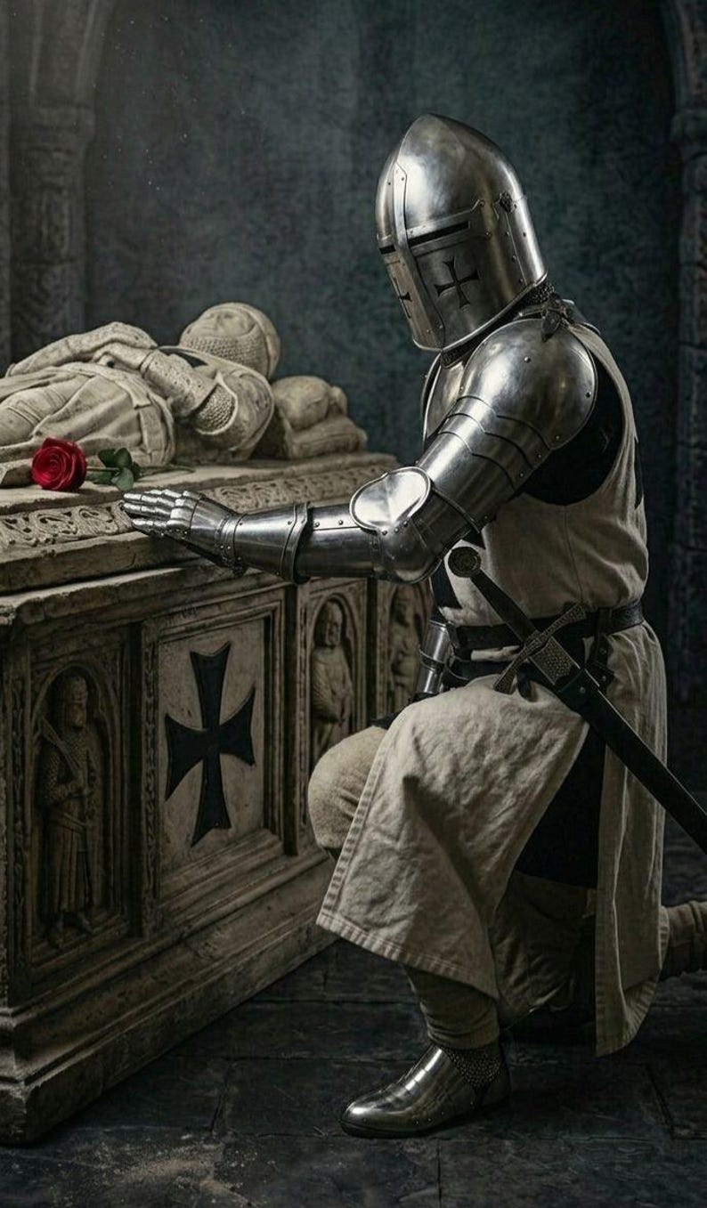 Puede incluir: Un caballero con armadura plateada se arrodilla ante una tumba de piedra, con una rosa roja encima. El casco del caballero tiene una cruz, y una espada est&aacute; a su lado. La escena tiene lugar en una c&aacute;mara de piedra oscura.