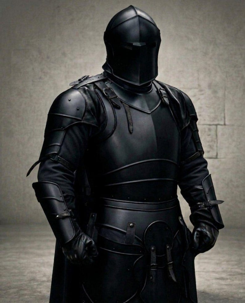 May include: A complete set of black armour, featuring a helmet, chest plate, and arm and leg protection. The armour is detailed with rivets and straps, suggesting a medieval or fantasy theme. The design is sleek and imposing.