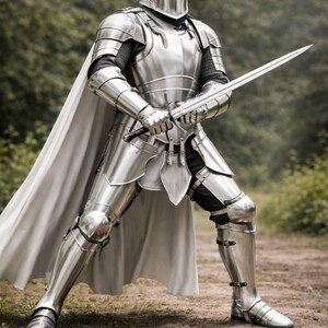 May include: A complete set of polished steel armour, including a helmet, chest plate, and leg guards. The knight holds a long sword. A white cape is draped over the shoulders. The background is a blurred forest.