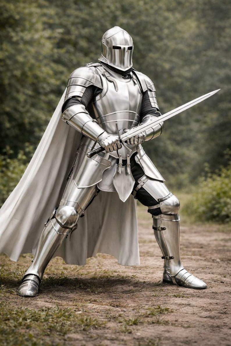 May include: A complete set of polished steel armour, including a helmet, chest plate, and leg guards. The knight holds a long sword. A white cape is draped over the shoulders. The background is a blurred forest.