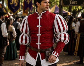 Medieval Dress Men's Landsknecht Gambeson Costume | Puffed Sleeve Jacket Viking Tunic | LARP, Costume, Festival, Renaissance
