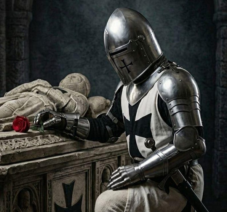 Puede incluir: Un caballero con armadura completa se arrodilla, sosteniendo una rosa roja. El casco y la armadura del caballero son plateados, con una t&uacute;nica negra y blanca. La escena est&aacute; ambientada en una estructura de piedra, con una efigie de piedra al fondo.