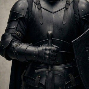 May include: A complete set of black armour, including a helmet, shoulder guards, and gauntlets. The armour is detailed with rivets and straps. A sword is held in the right hand, and a shield is visible on the right side. The overall aesthetic is medieval.