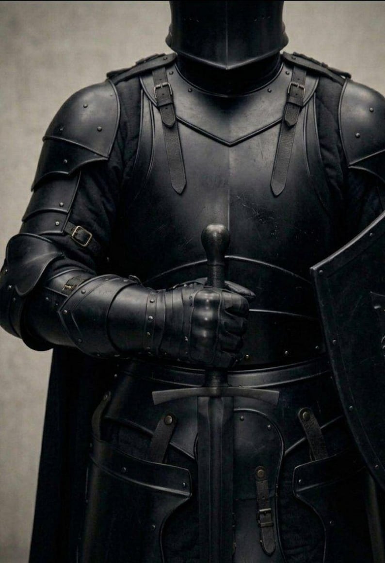 May include: A complete set of black armour, including a helmet, shoulder guards, and gauntlets. The armour is detailed with rivets and straps. A sword is held in the right hand, and a shield is visible on the right side. The overall aesthetic is medieval.
