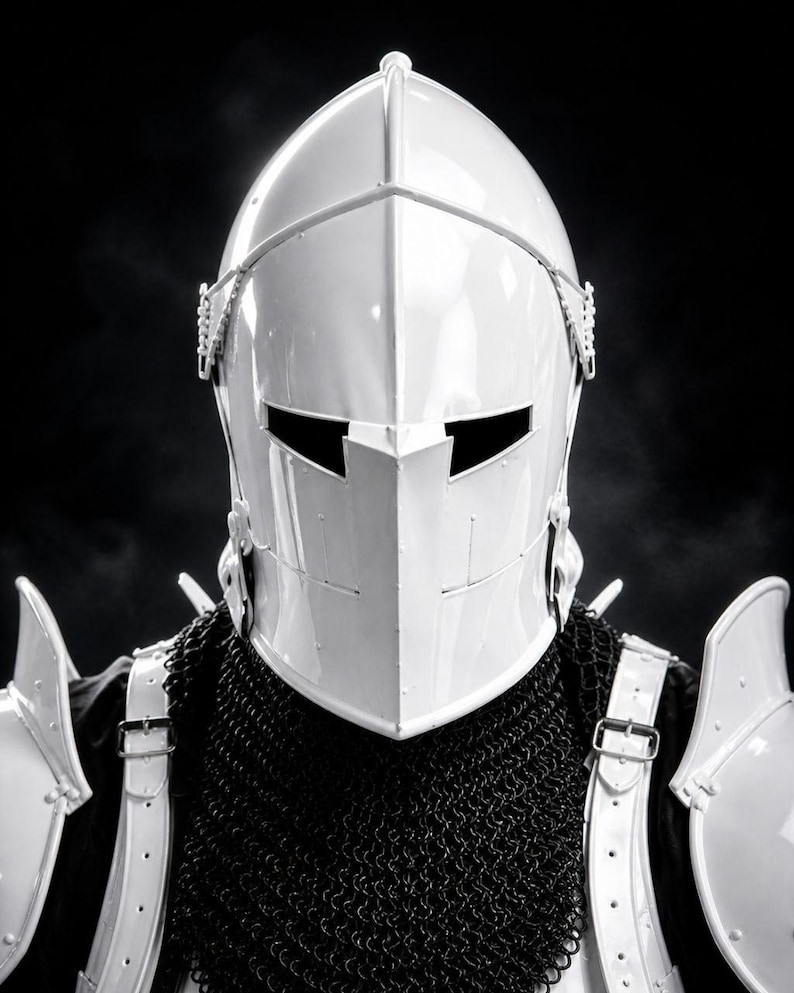 May include: A white knight's helmet with a visor and a black background. The helmet is part of a suit of armor, with shoulder guards and a chainmail collar. The helmet has a smooth, reflective surface.