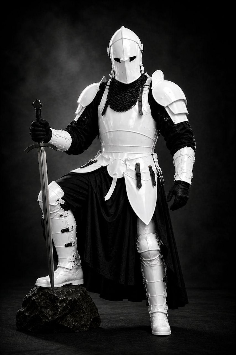 May include: A full suit of white and black medieval armor, including a helmet, chest plate, and leg guards. The knight holds a sword and stands on a rock. The armor is highly detailed and appears to be made of metal.