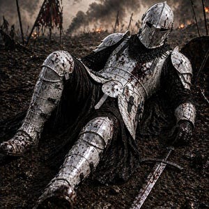 May include: A knight in silver armor, covered in blood, lies on the battlefield. The helmet and armor are detailed, with a sword nearby. The background shows a war-torn landscape with smoke and fire.