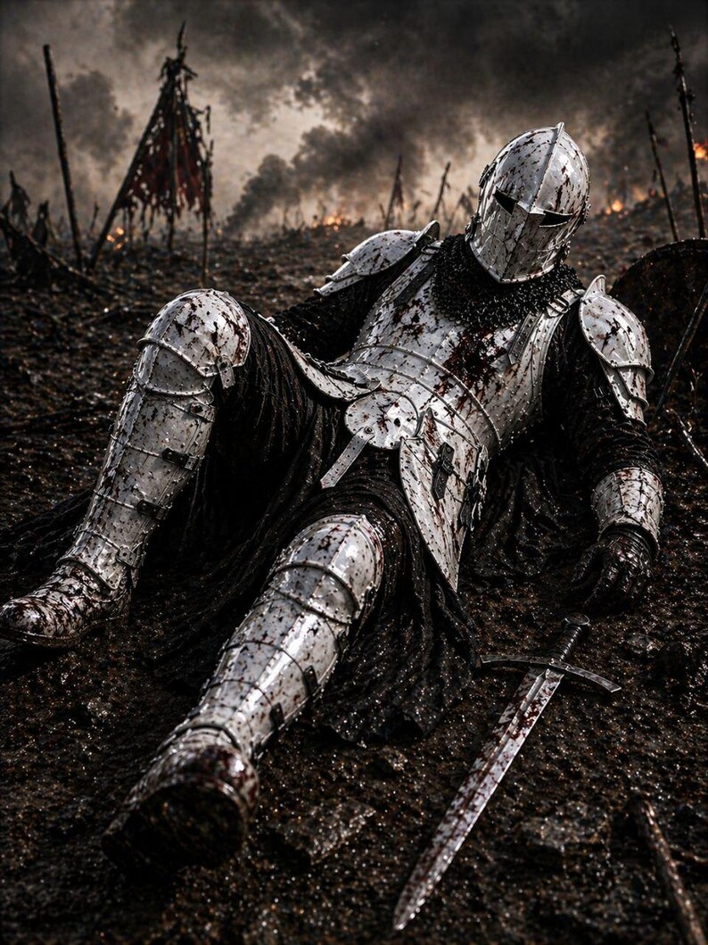 May include: A knight in silver armor, covered in blood, lies on the battlefield. The helmet and armor are detailed, with a sword nearby. The background shows a war-torn landscape with smoke and fire.
