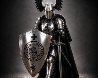May include: A full suit of silver armor, including a helmet with decorative black plumes, a shield with a cross and emblem, and a long sword. The knight is wearing a black cape and stands against a dark background.