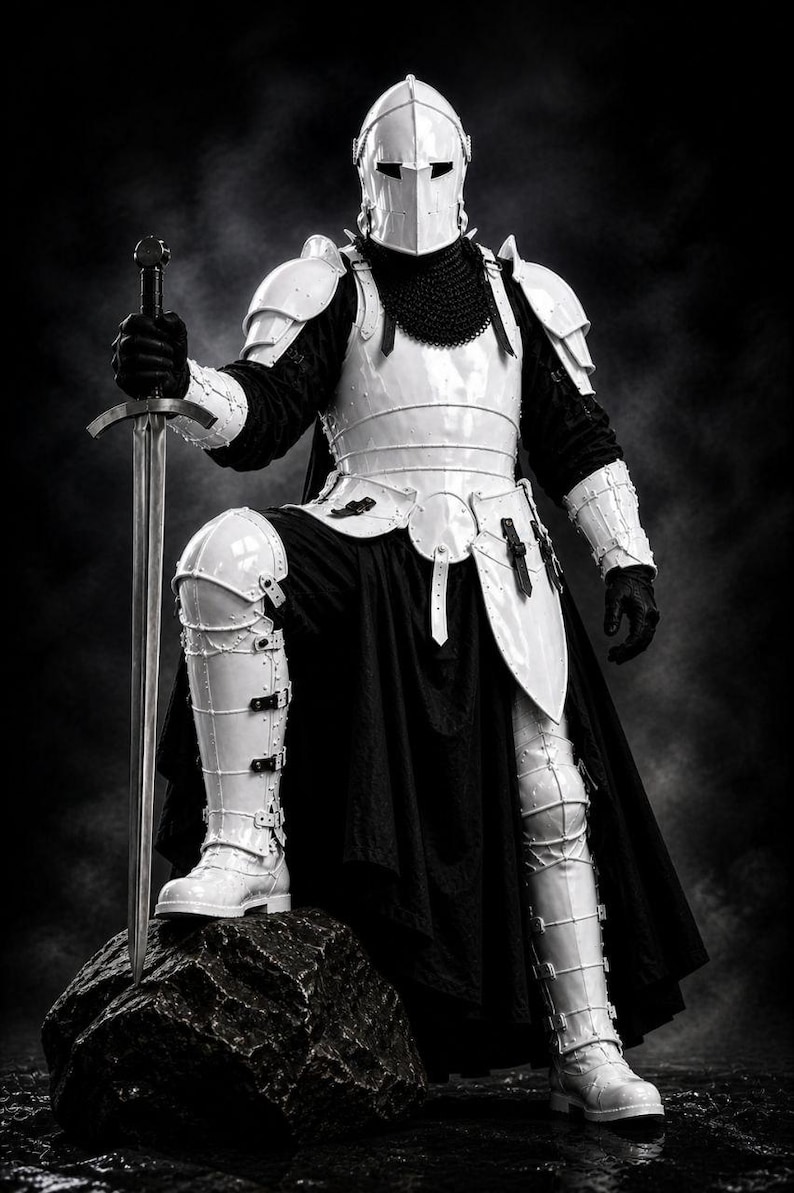 May include: A full suit of white armor with a black cape and a long sword. The knight is standing on a rock, with one knee bent. The helmet has a visor, and the armor includes shoulder pads, chest plates, and leg guards.
