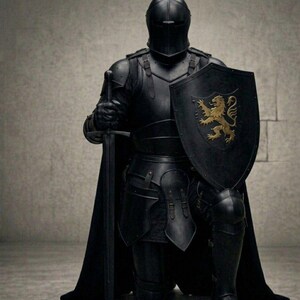 May include: A complete set of black armour, including a helmet, breastplate, and leg guards. The knight kneels, holding a sword and shield. The shield displays a gold lion emblem. A black cape hangs from the shoulders.