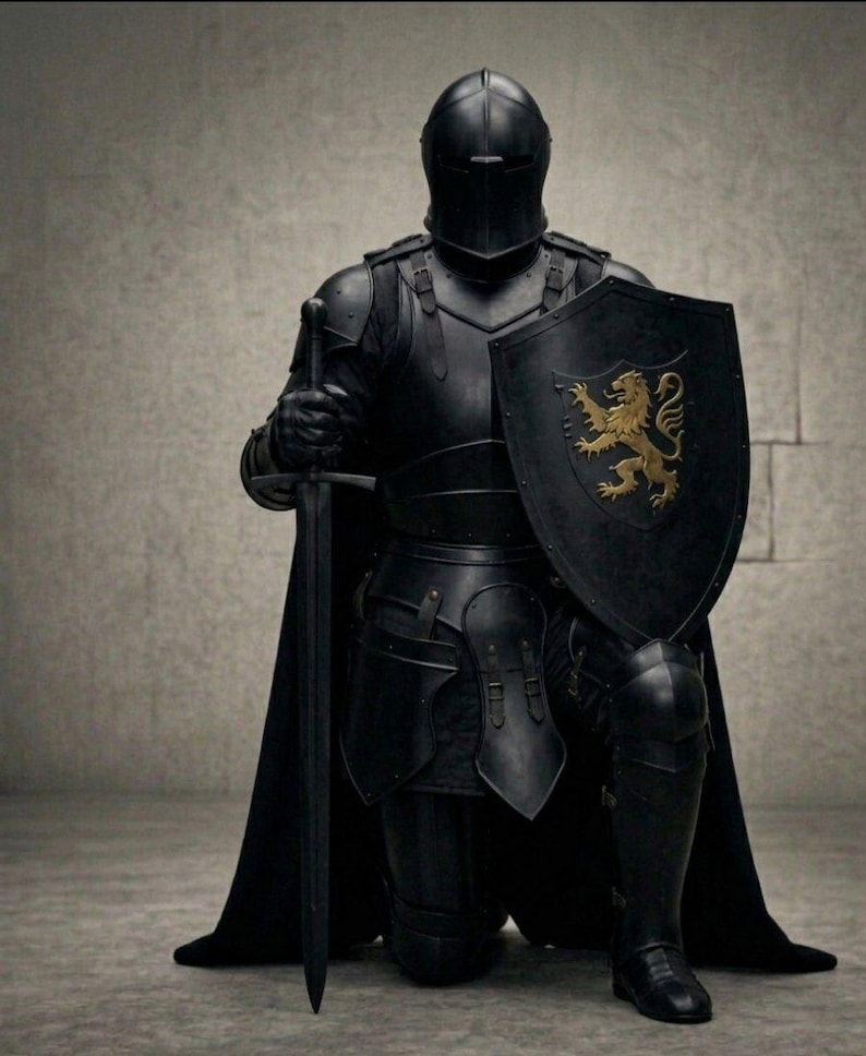 May include: A complete set of black armour, including a helmet, breastplate, and leg guards. The knight kneels, holding a sword and shield. The shield displays a gold lion emblem. A black cape hangs from the shoulders.