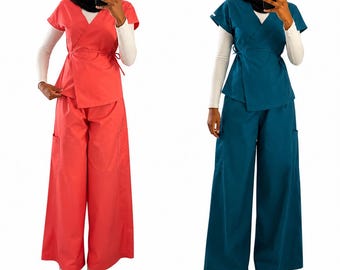 Wide Leg Scrub Set or Skirt Set COTTON - Any Size & Color Choice