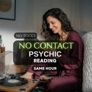 May include: A woman smiles while sitting near a record player. The image includes the text "NO TOOLS", "NO CONTACT PSYCHIC READING", and "SAME HOUR". The woman is wearing a burgundy outfit.