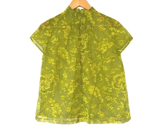 Vintage Y2K Chartreuse Sheer Floral Organza Mandarin Collar Structured Top S M