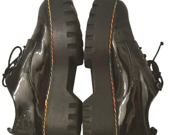 Vtg Women's Platform Oxford Patent Shoes 8.5 Chunky Rainbow Stitch | Y2K Bamboo