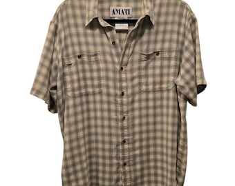 Vtg Men's 100% Silk Plaid Shirt XL 90s Cream / Green Quiet Luxury (AMATI)