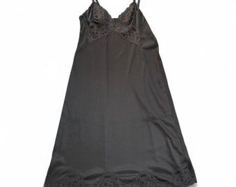 Vtg Vanity Fair Black Satin Lace Slip Dress Sz ~XS Made in USA Sheer Minimalist