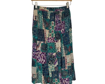 Vintage 90er Jahre Michele Leslie Patchwork Viskose Midi Rock M USA Made Boho Artsy