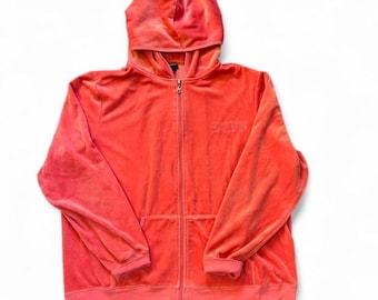 Sudadera con capucha y cremallera de terciopelo BCBGMAXAZRIA Y2K, talla XL, color rosa coral, logo en la espalda, estilo streetwear auténtico de los 2000.