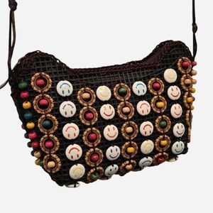 VTG Boho 90s Smiley Face Coconut Shell Beaded Festival Mini Crossbody Bag Y2K