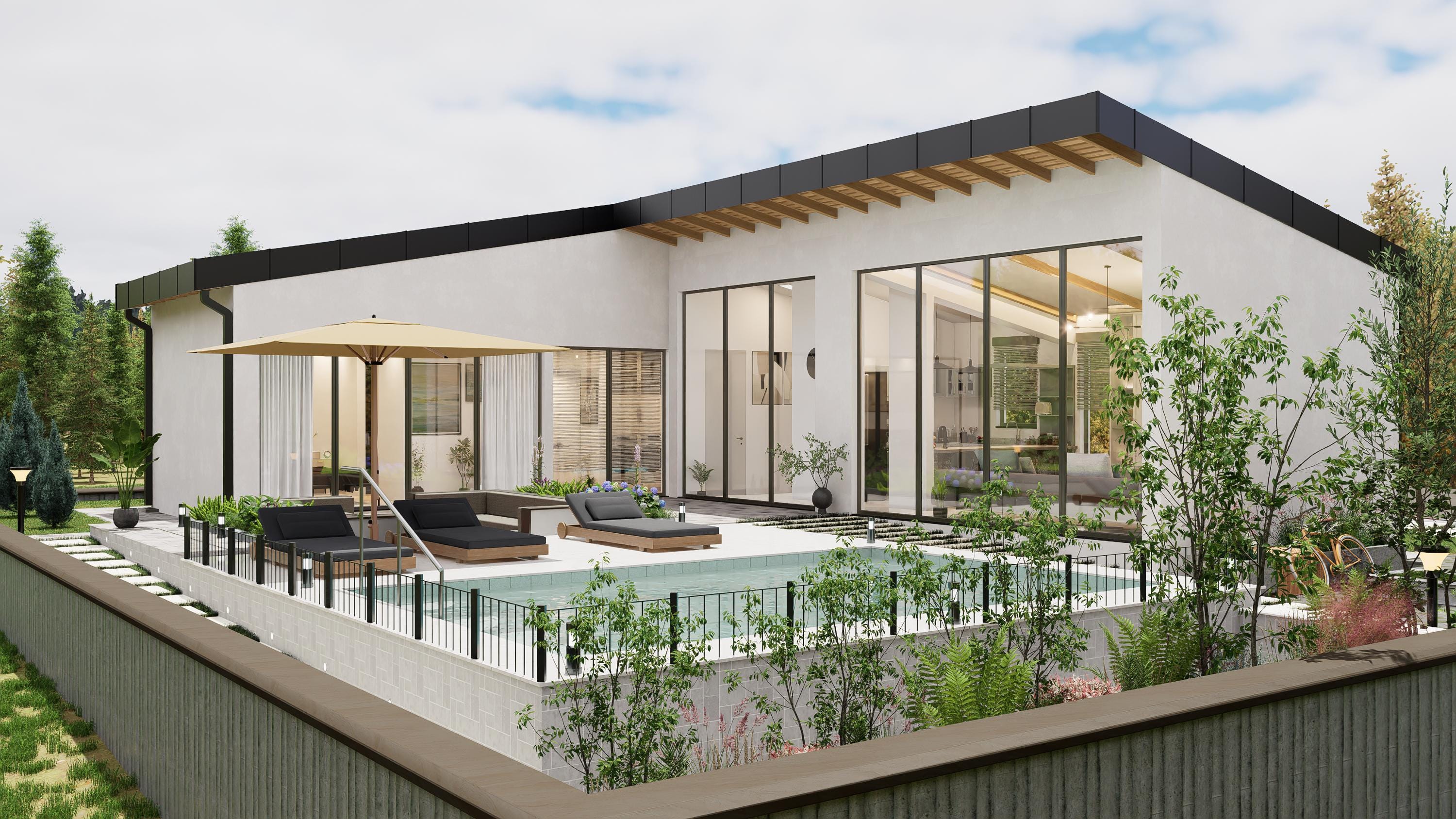 Modern L Shaped 2 Bedroom House Plan With Pool | Floor Plan PDF DWG - Etsy