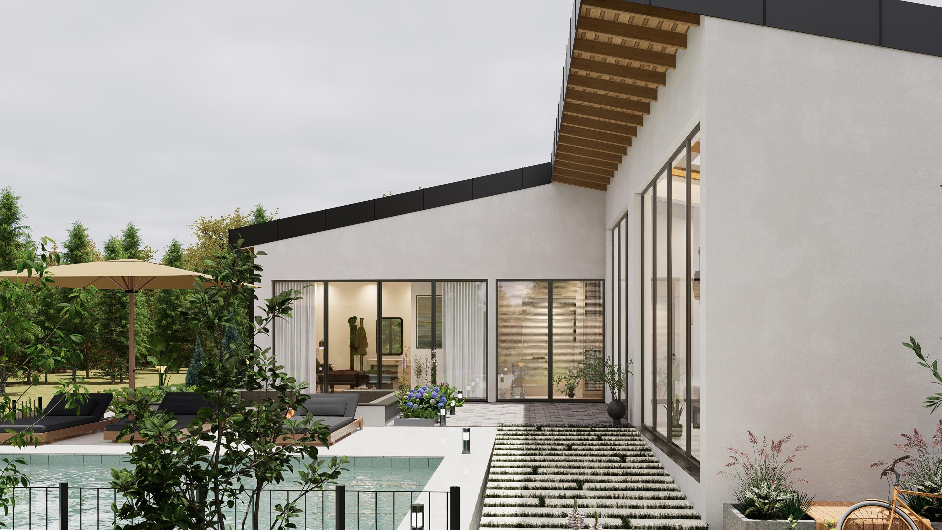 Modern L Shaped 2 Bedroom House Plan With Pool | Floor Plan PDF DWG - Etsy