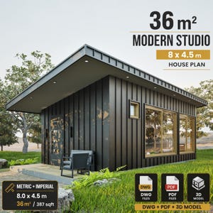 May include: A modern studio house plan with a dark exterior. The image shows a 3D rendering of a 387 sq ft (8 x 4.5 m) building with a sloped roof. Text on the image reads "36 m² MODERN STUDIO" and "HOUSE PLAN".