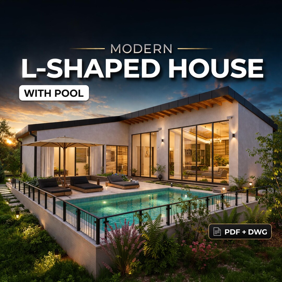 Modern L Shaped 2 Bedroom House Plan With Pool | Floor Plan PDF DWG - Etsy