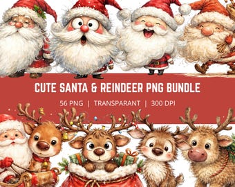 Weihnachtsmann und Rentier PNG Bundle, Weihnachtscliparts Bundle, Süßer Weihnachtsmann PNG, Rentier Clipart, Weihnachtscharakter Bundle, 56 PNG
