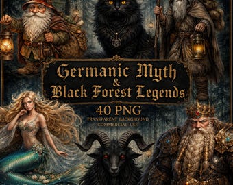 40 Germanischer Mythos & Schwarzwald Legenden Clipart Bundle, Fantasy PNG, deutsche Folklore, gotische Charaktere, mystische Geschöpfe
