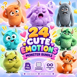 May include: A digital graphic set titled 24 CUTE EMOTIONS MONSTER BUNDLE featuring seven colourful, furry monster characters with various expressions, including orange, purple, grey, blue, green, and yellow creatures on a pastel cloud background.