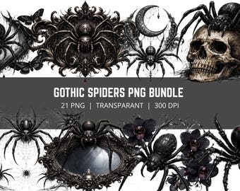 Gothic Spinne PNG Bundle, Dark Gothic Clipart, Schwarze Spinne PNG, Gothic Halloween Clipart, Schädel und Spinne Bundle, 21 PNG