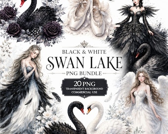20 Schwarz-Weiß-Schwanensee PNG-Bundle, Schwanenprinzessin Clipart, dunkler Schwan, weißer Schwan, Ballett Aquarell PNG