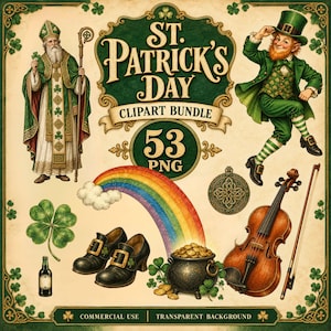 Op de afbeelding: Een St. Patrick's Day clipart-bundel met Sint Patrick, een kabouter, een regenboog, een pot met goud, een viool, een klavertjevier en zwarte schoenen. De tekst luidt St. Patrick's Day, Clipart Bundle, 53 PNG, Commercial Use, Transparent Background.