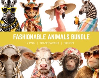 Modische Tiere PNG Bundle, lustige Tier Clipart, stilvolle Safari Tiere PNG, Luxus Tierporträts, schickes Tierpaket, 17 PNG