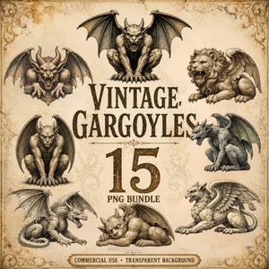 Puede incluir: Una colección digital de 15 ilustraciones de gárgolas de estilo vintage con varias criaturas de piedra aladas en diferentes poses. El texto VINTAGE GARGOYLES 15 PNG BUNDLE está centrado sobre un fondo de pergamino de color beige.