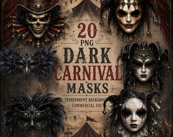 20 Dark Karneval Masken PNG Bundle, Gothic Maske Clipart, Horror Maskerade PNG, Dark Fantasy Clipart