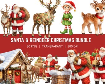 Weihnachten PNG Bundle, Weihnachtsmann Clipart, Rentier PNG, Weihnachtself Clipart, Urlaub Winter Bundle, 30 PNG