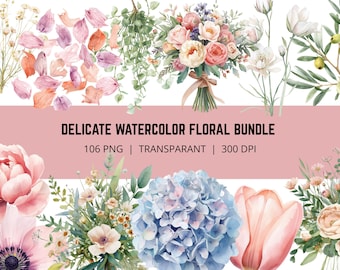 Zarte Blumen PNG Bündel, Aquarell Blumen Clipart, Botanische PNG, Blumengesteck Clipart, Hochzeitsblumen Bündel, 106 PNG