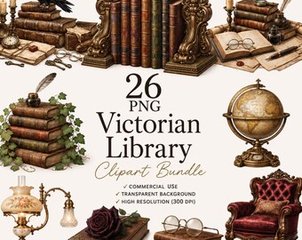 Zestaw clipartów z biblioteki wiktoriańskiej, antyczne książki PNG, clipart Dark Academia, wystrój biblioteki w stylu vintage, kruk PNG, przezroczysty PNG