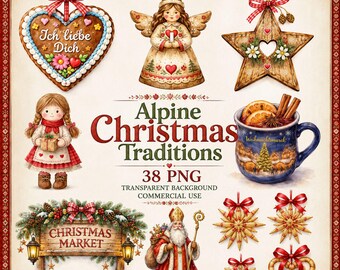 38 Alpine Weihnachtstraditionen, PNG Bundle, Deutscher Weihnachtsmarkt Clipart, St. Nikolaus, Lebkuchen, Strohsterne, Feiertagsdeko