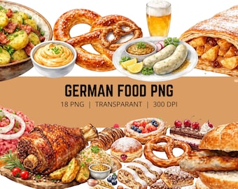 May include: Watercolor illustration of various German foods, including pretzels, sausages, potato salad, and a roasted pork knuckle. The image also features a glass of beer and text that reads "GERMAN FOOD PNG".