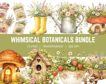 Skurriles botanisches PNG-Bundle, Cottagecore Blumen Clipart, Gartenblumen PNG, Feengarten Clipart, Vintage botanisches Bündel, 15 PNG