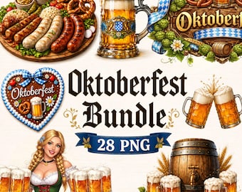 28 Oktoberfest PNG Bundle, Bavarian Clipart, Beer Mug PNG, Beer Maid Clipart, Pretzel Sausage PNG, German Festival